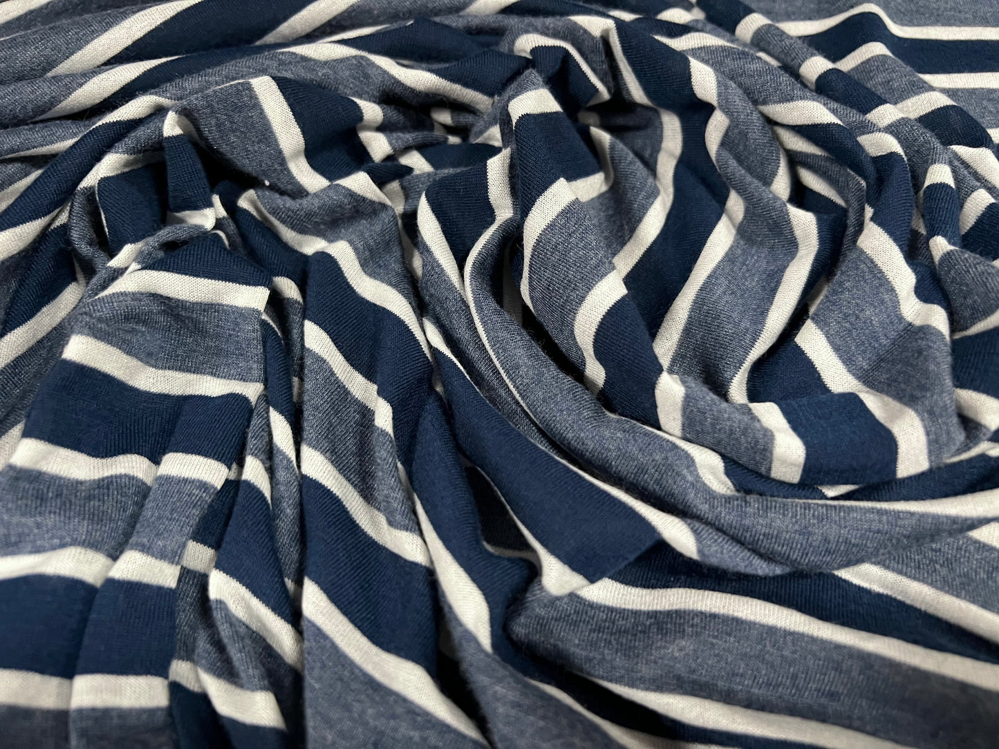 Viscose blend single jersey fabric, per metre - stripe - navy, denim blue & white