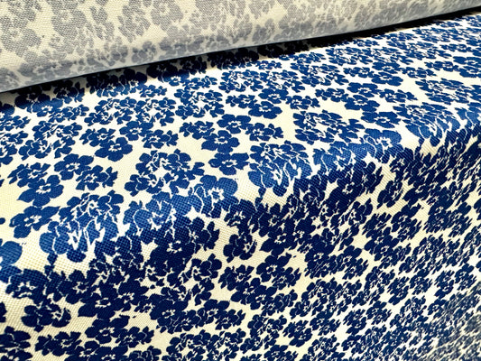 Pique textured jersey fabric, per metre - flower print - blue & white