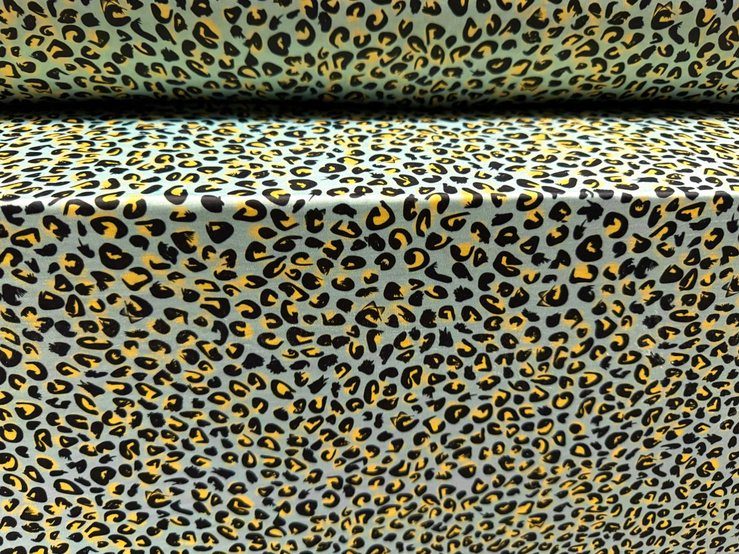 Soft touch stretch spandex single jersey fabric, per metre - leopard print - aqua & gold