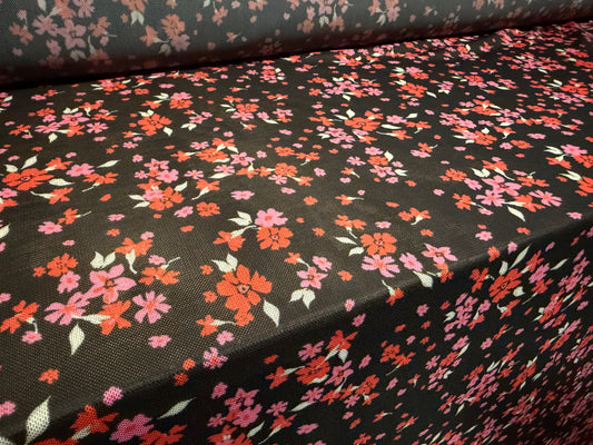 Power mesh net stretch spandex fabric, per metre - ditsy flower print - black red & pink