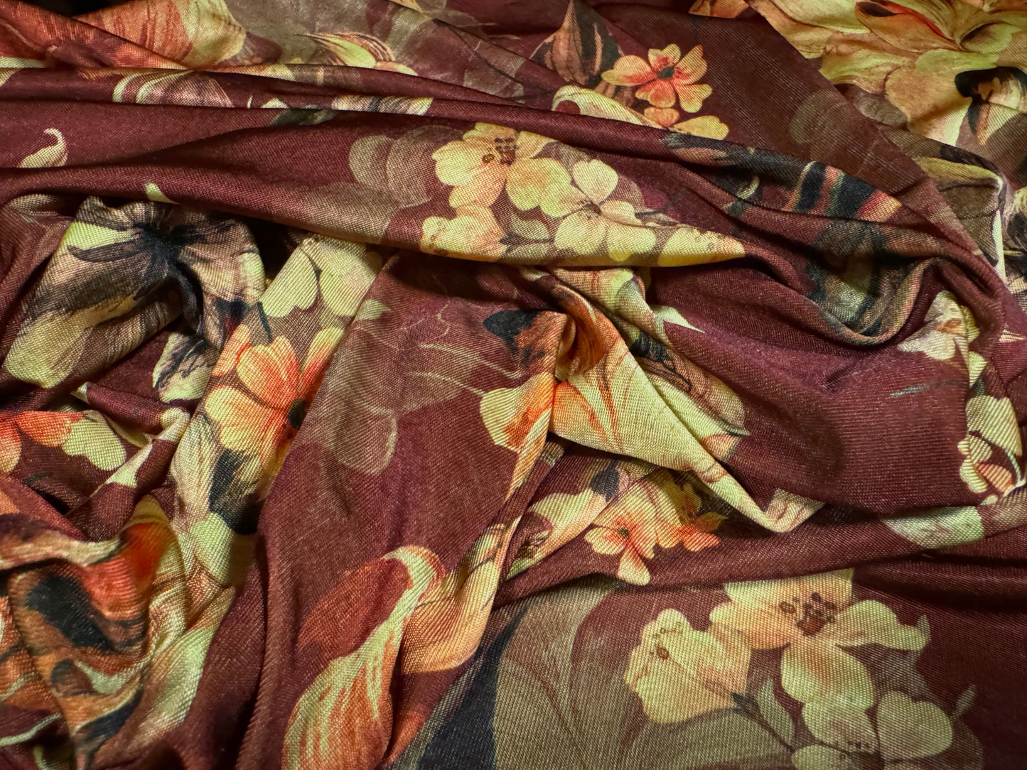 Soft touch stretch spandex single jersey fabric, per metre - lily print - chestnut brown & lime