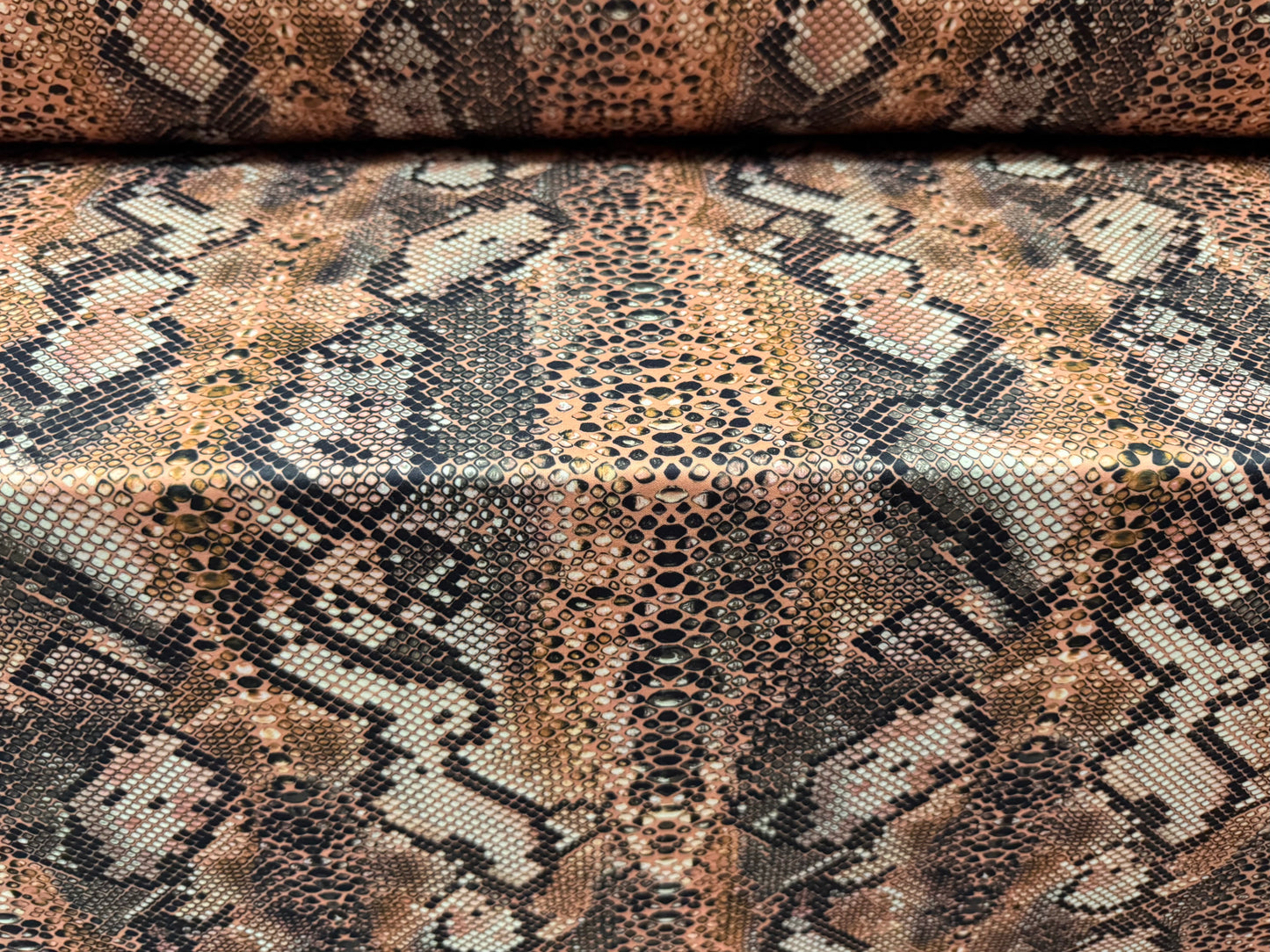 Scuba stretch spandex double jersey dress fabric, per metre - snakeskin animal print - nude & gold