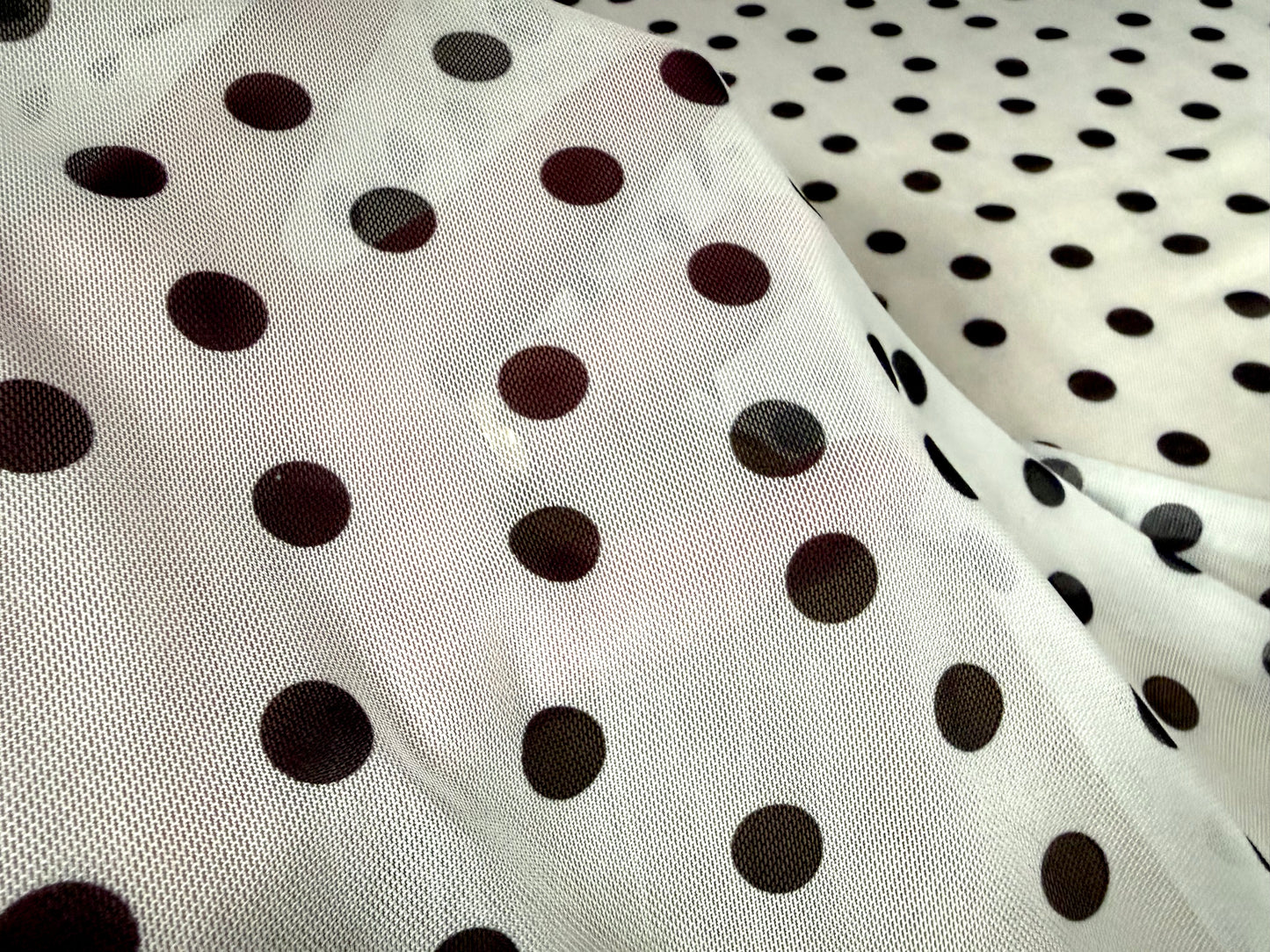 Power mesh net stretch spandex fabric, per metre - polka dot print - white & black