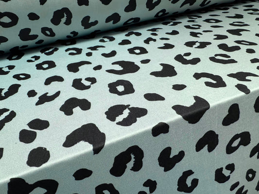 Stretch spandex single jersey fabric, per metre - cheetah animal print - duck egg blue