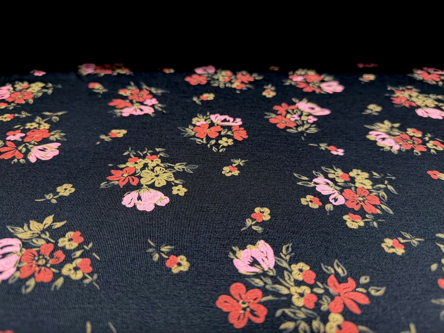 Viscose spandex stretch jersey fabric, per metre - floral print - black pink & coral