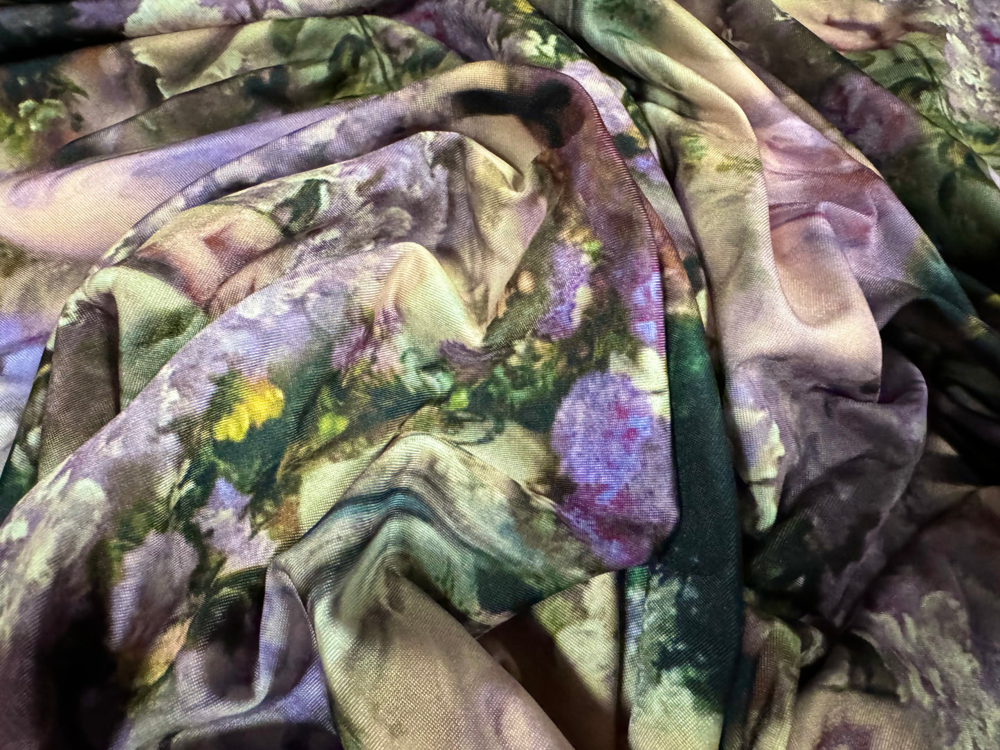 Soft touch stretch spandex jersey fabric, per metre - Victorian romantic oil painting print - purple & nude