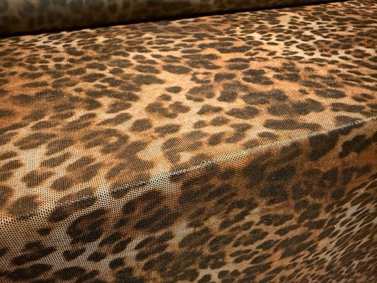 Metallic power mesh net stretch spandex fabric, per metre - leopard animal print - brown & gold