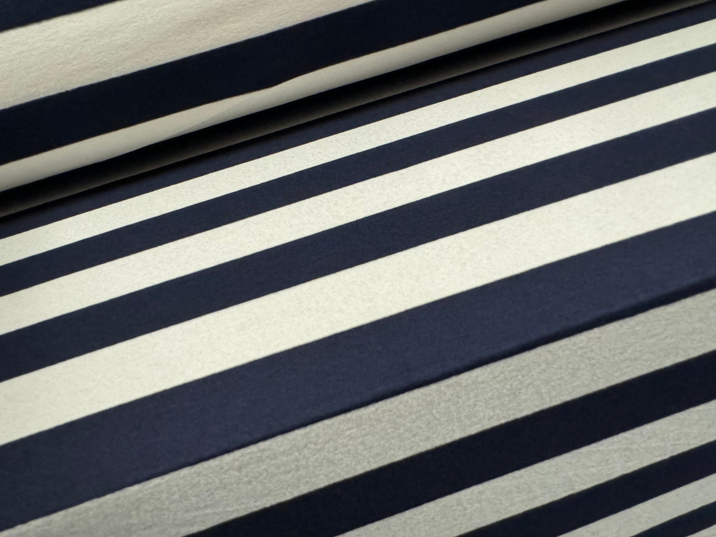 Viscose spandex stretch single jersey fabric, per metre - stripe - dark navy blue & ivory