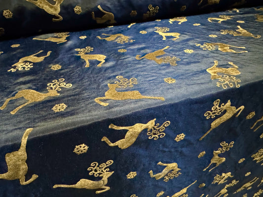 Taffeta faux silk fabric - flocked Highland Stag print - navy blue & brown