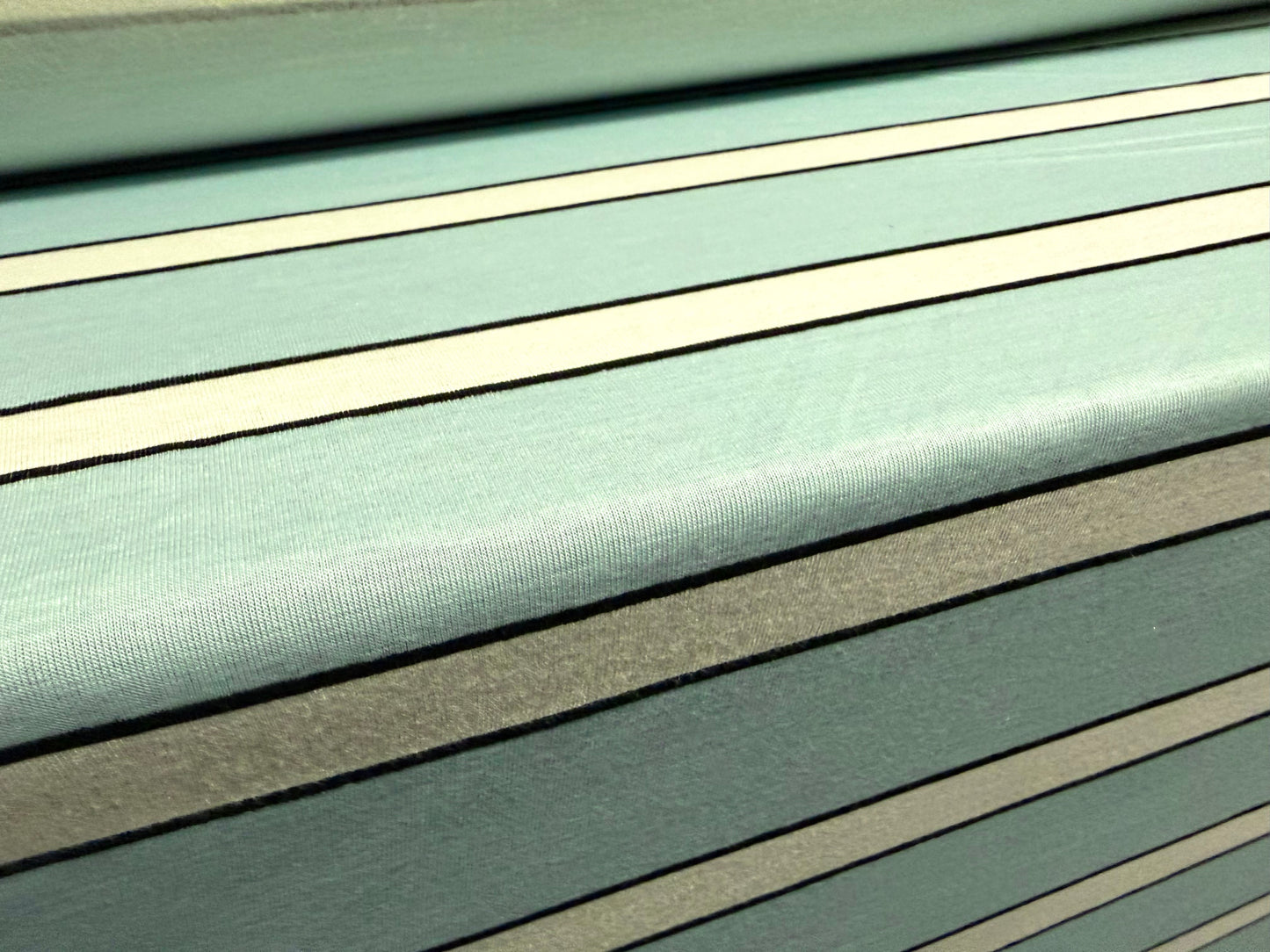 Viscose spandex stretch jersey fabric, per metre - stripe print - duck egg & white