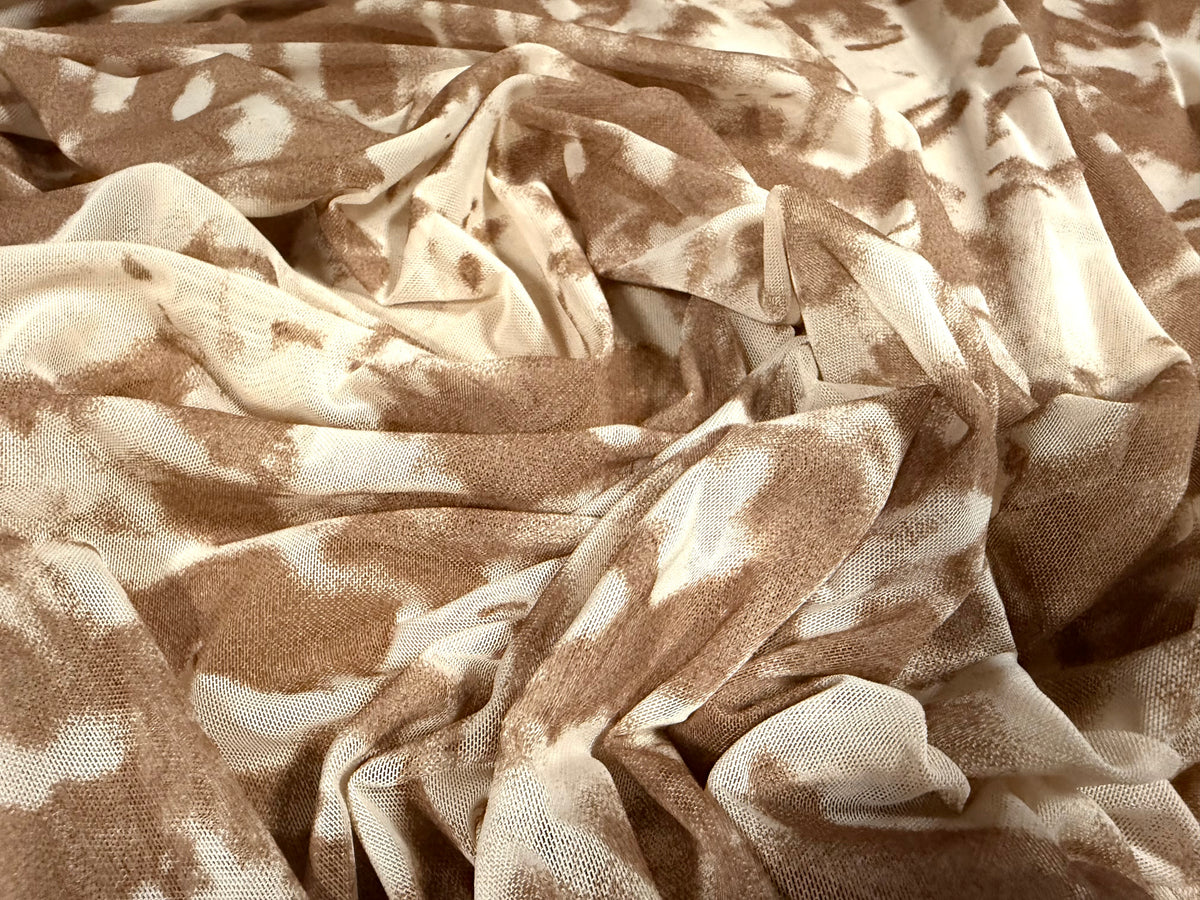 Power mesh net stretch spandex fabric, per metre - abstract print - cream & brown