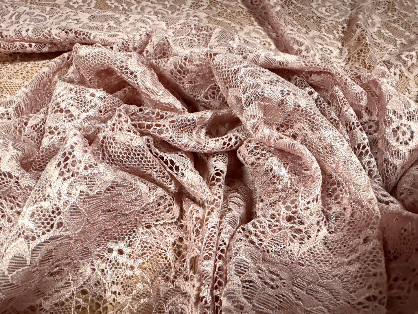 Stretch lace dress fabric, per metre - scalloped selvedge - floral - dusty rose pink