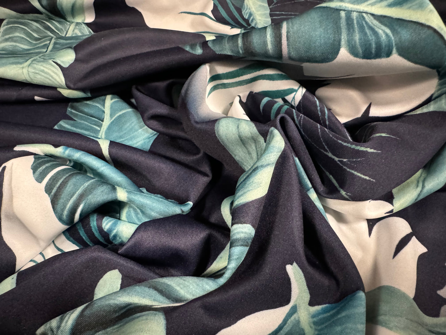 Scuba stretch spandex double jersey dress fabric, per metre - palm leaves print - midnight & jade