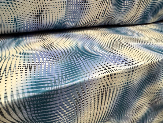 Polar fleece fabric, per metre - psychedelic print - blue & cream