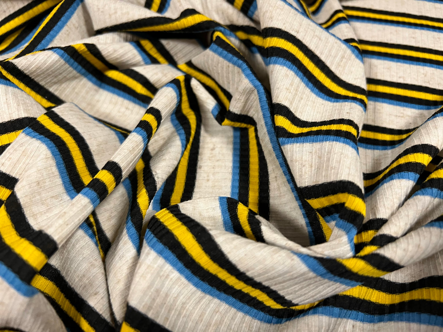 Stretch Spandex rib jersey fabric, per metre - stripe - ecru, yellow & blue