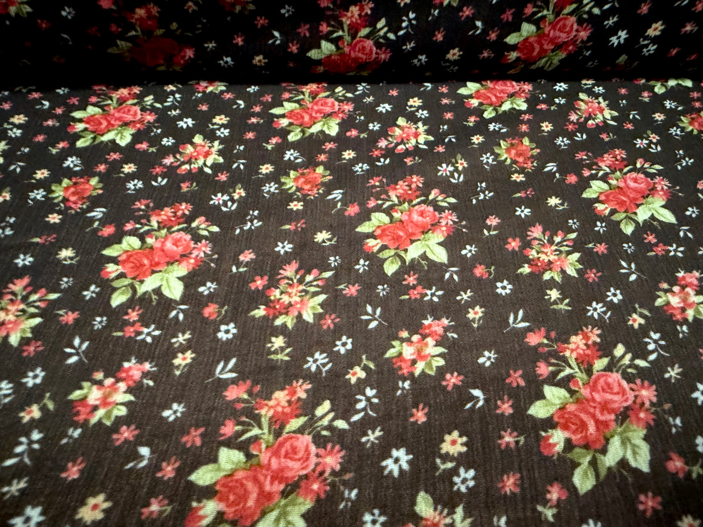 Chiffon yoryu lightweight dress fabric, per metre - ditsy floral print - black red & green