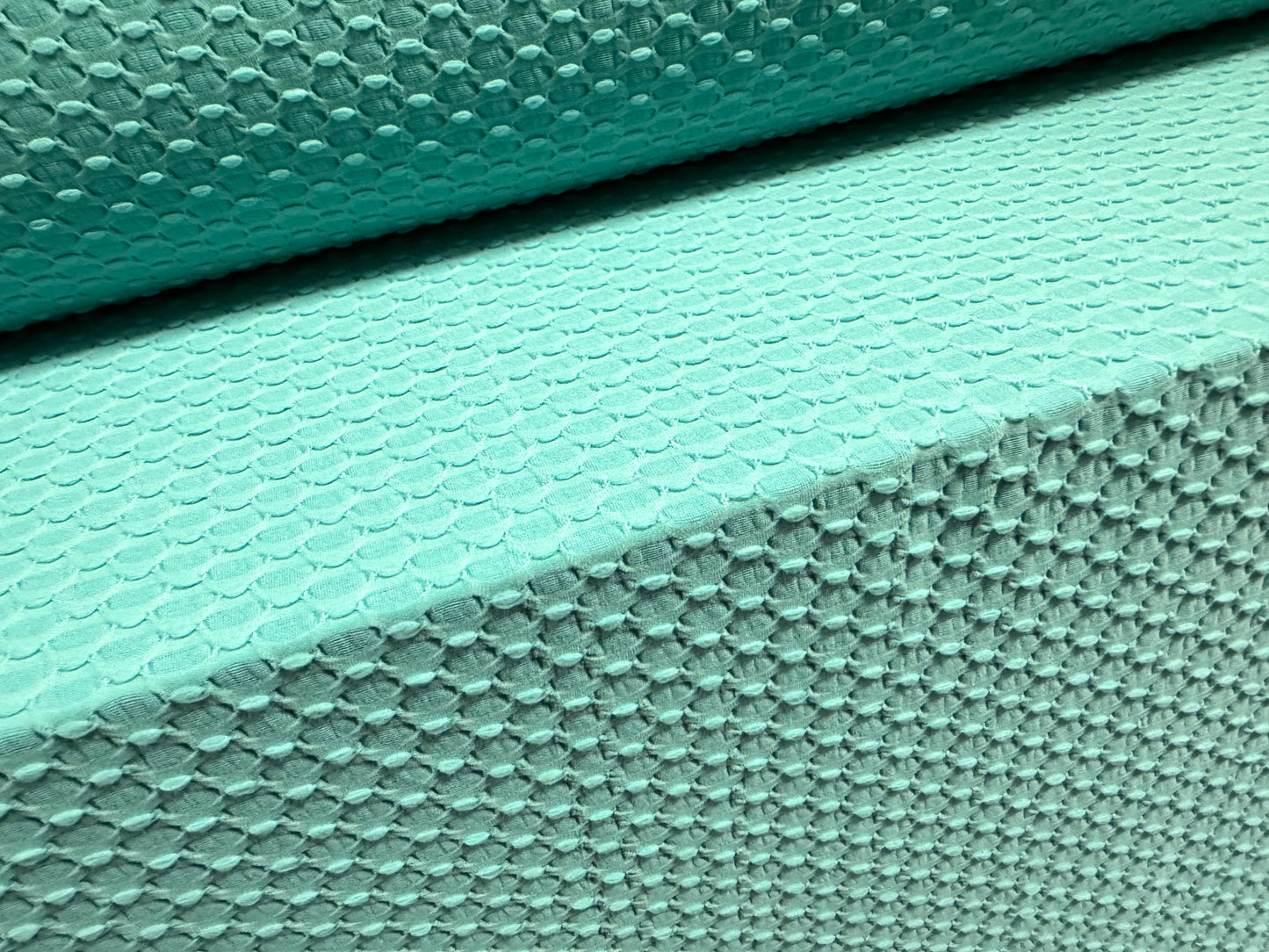 Stretch double jersey fabric, per metre - hexagon jacquard - turquoise green