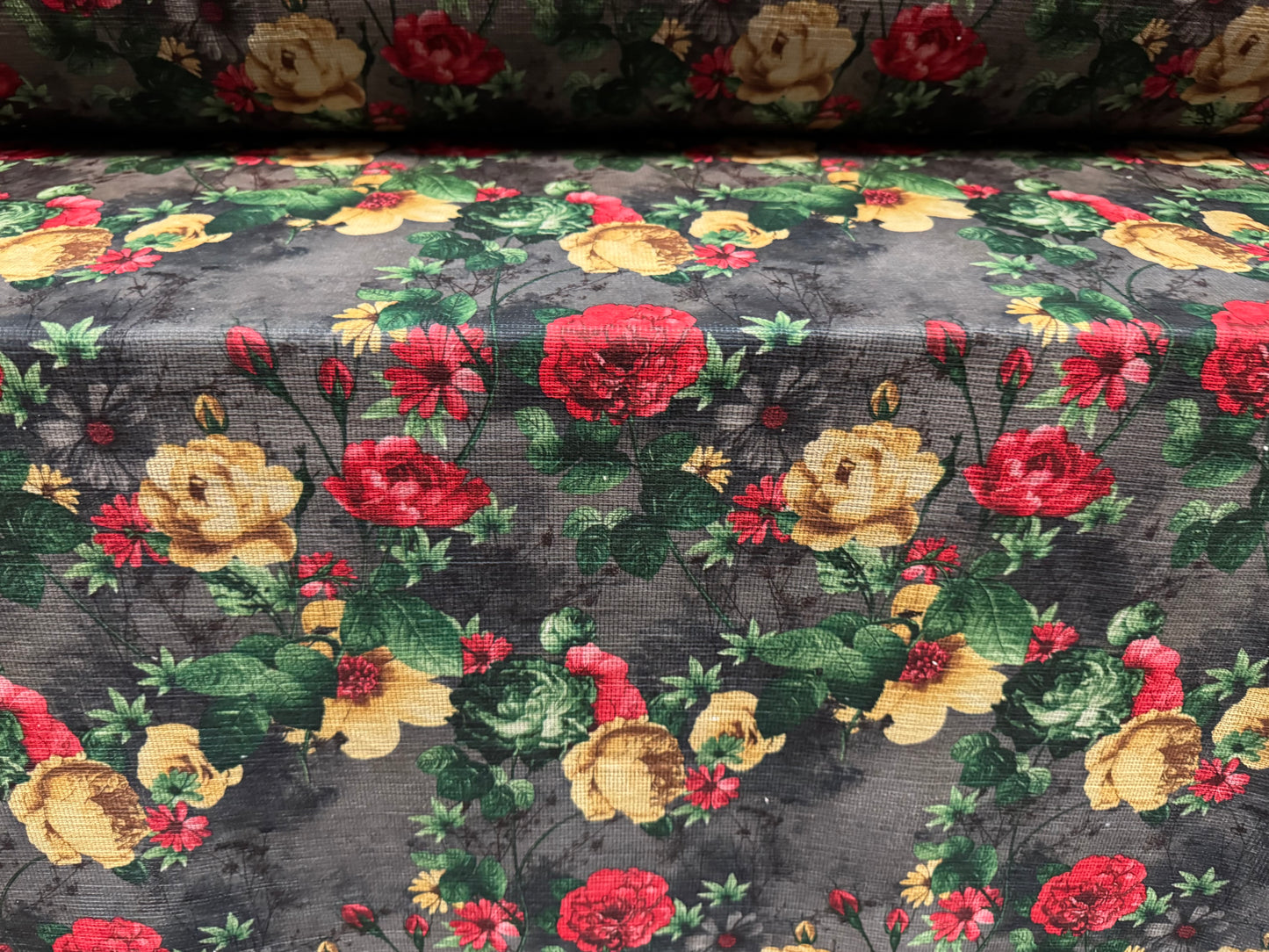 Chenille upholstery fabric, per metre - roses print - grey red & gold