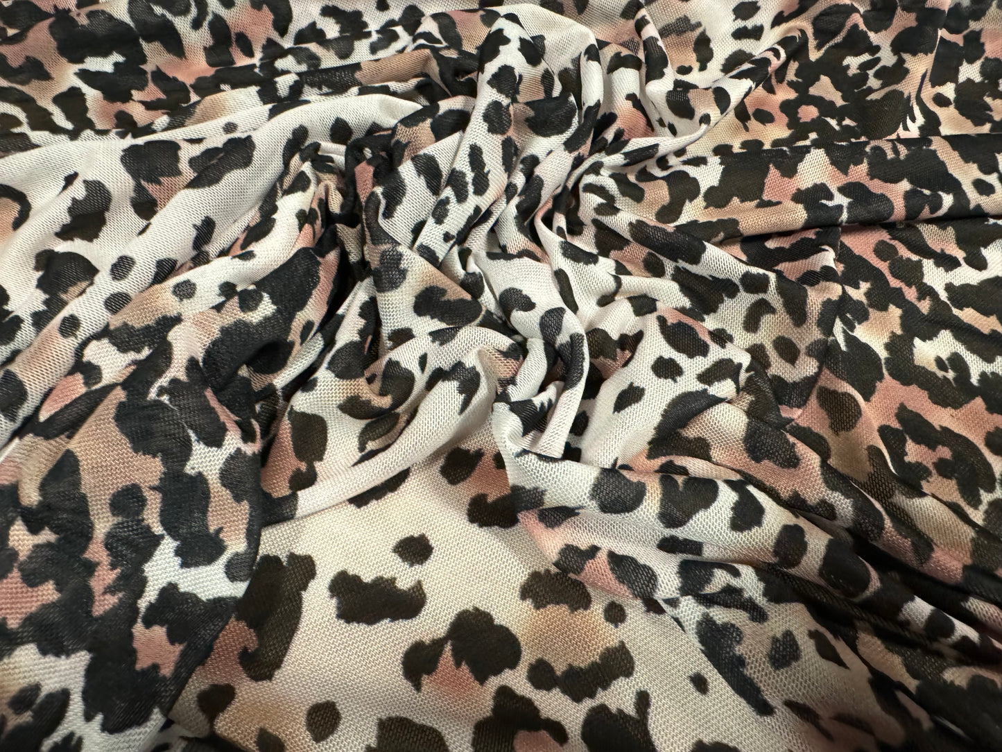 Power mesh net stretch spandex fabric, per metre - stylised cheetah animal print - nude & cream