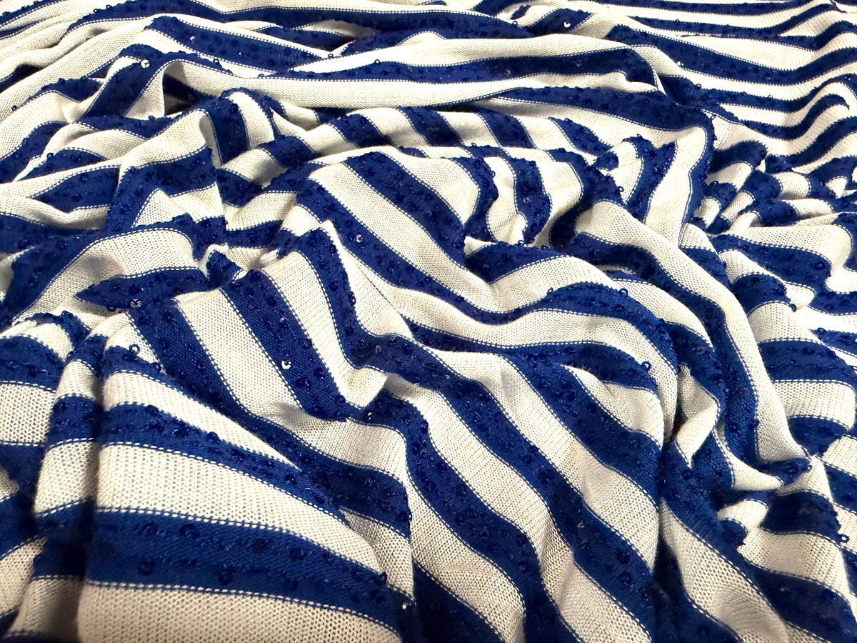 Sequin sparkle jersey knit fabric, per metre - stripe - royal blue & white