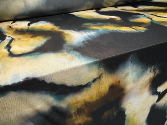 Power mesh net stretch spandex fabric, per metre - abstract print - black mustard & teal