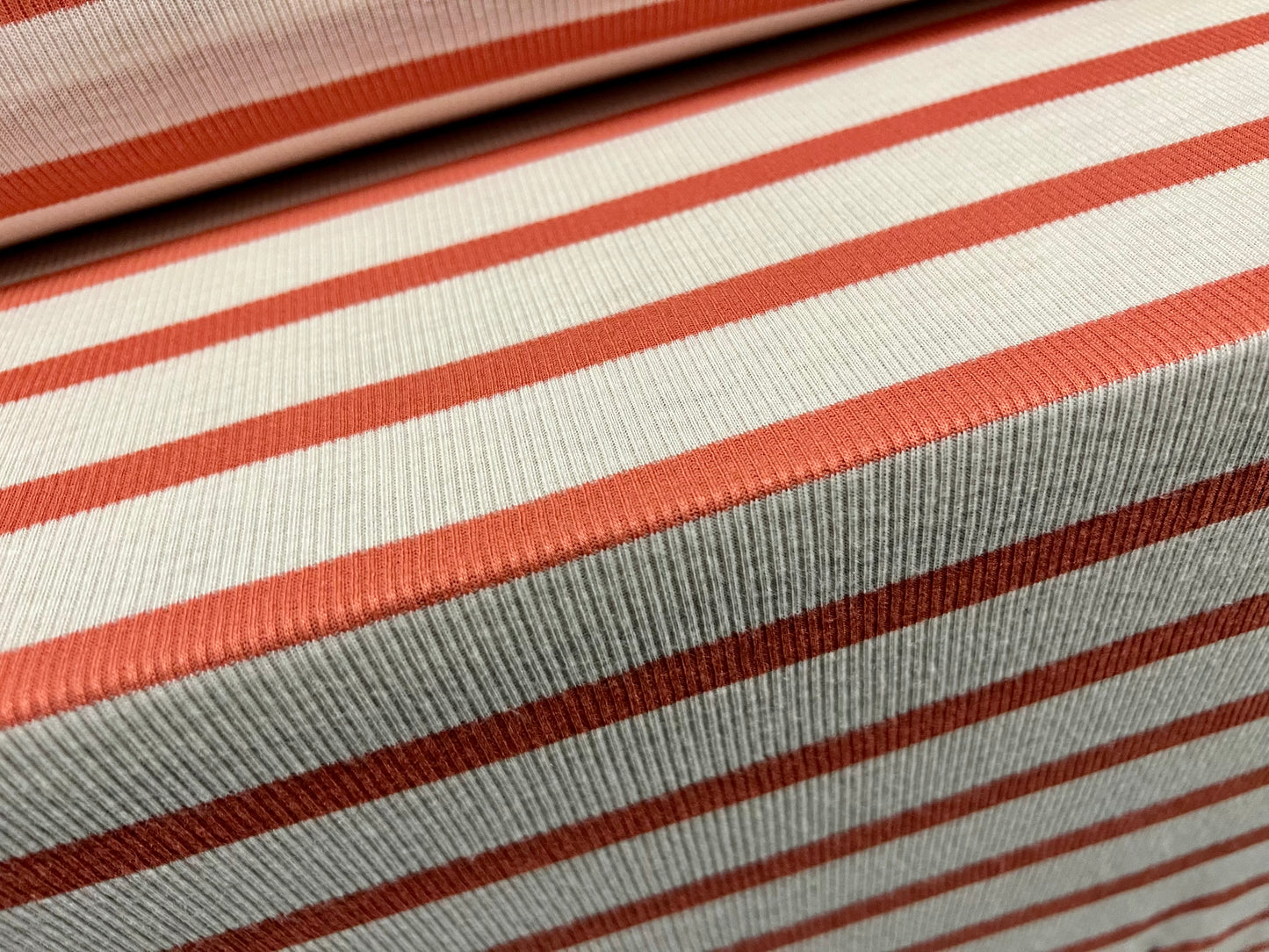 Soft stretch spandex ribbed jersey fabric, per metre - stripe - coral & ivory