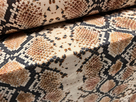 Faux suede stretch spandex jersey fabric, per metre - snakeskin print - brown & stone