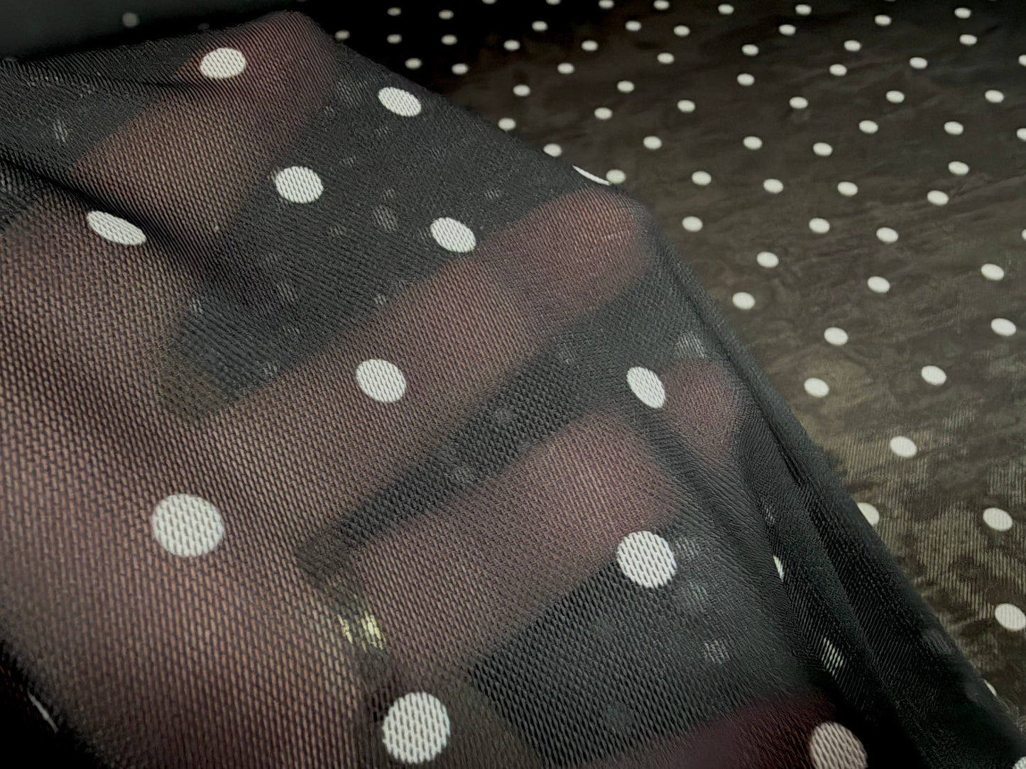 Power mesh net stretch spandex fabric, per metre - spots print - black & white