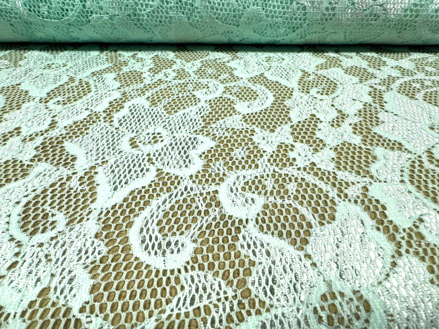 Stretch spandex lace dress fabric with scalloped selvedge, per metre - floral - aqua