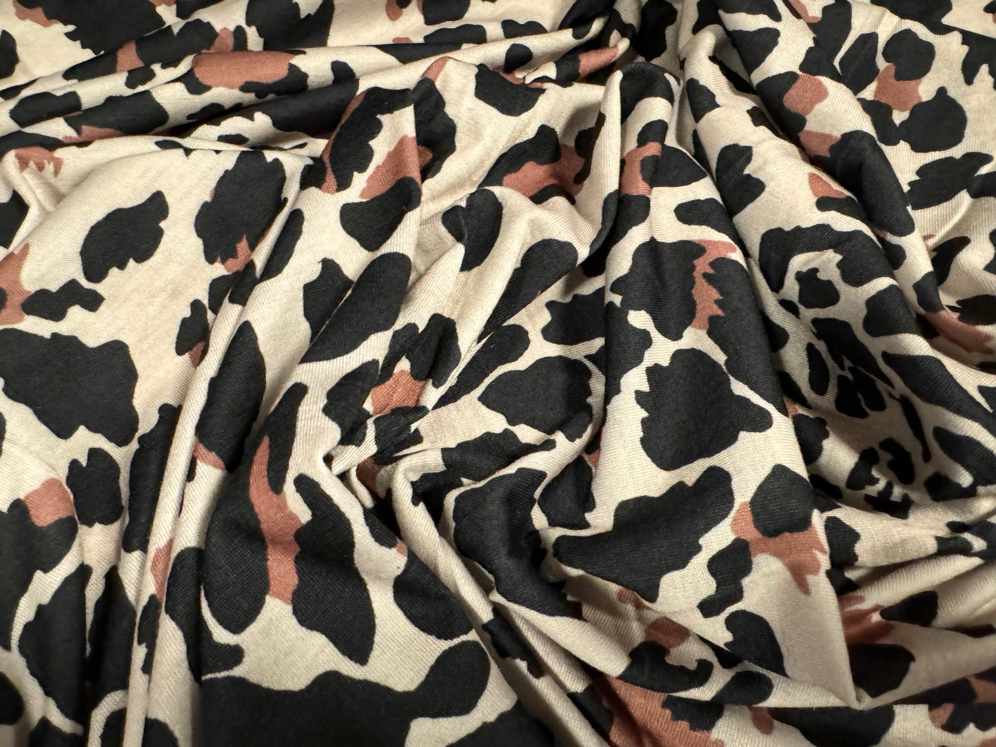 Soft handle stretch single jersey fashion fabric, per metre - stylised leopard print - dark cream