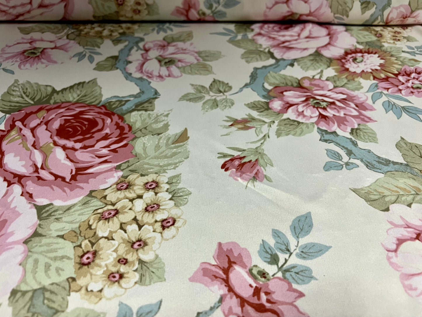 Sateen single jersey fabric, per metre - rose flower print - pale green