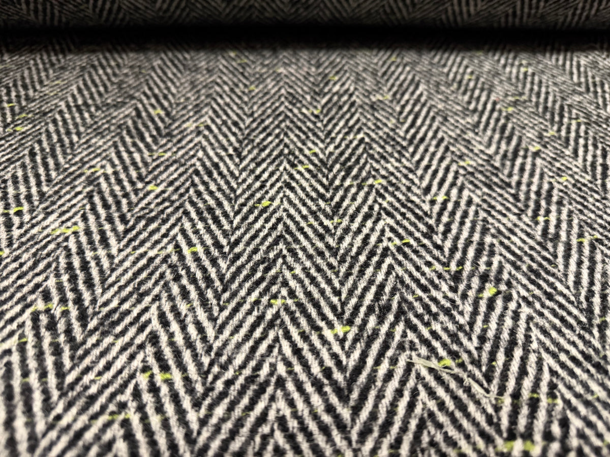 Heavyweight wool fabric, per metre - herringbone - black & white with lime green fleck