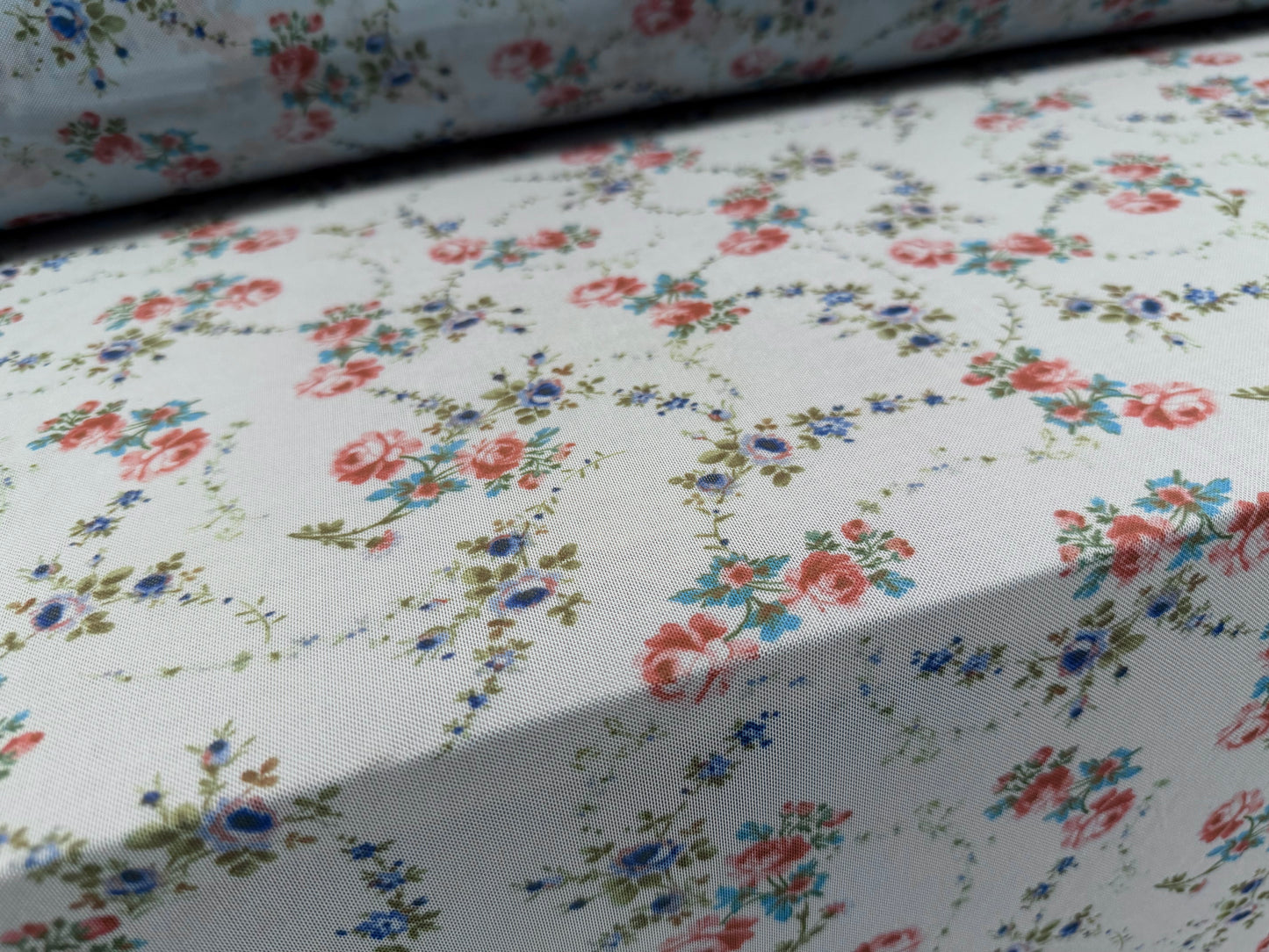 Power mesh net stretch spandex fabric, per metre - rambling rose print - sky blue