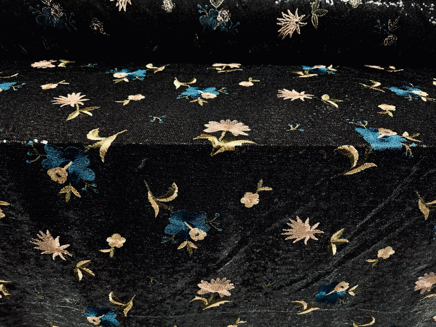 Couture sequin fabric with floral embroidery, per metre - black turquoise & gold