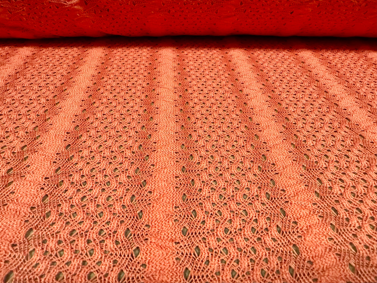 Crochet lace dress fabric, per metre - squiggle stripe - coral rose