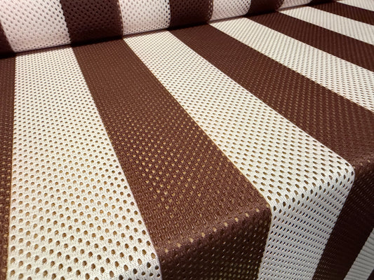 Airtex mesh eyelet fabric, per metre - stripe print - brown & ivory