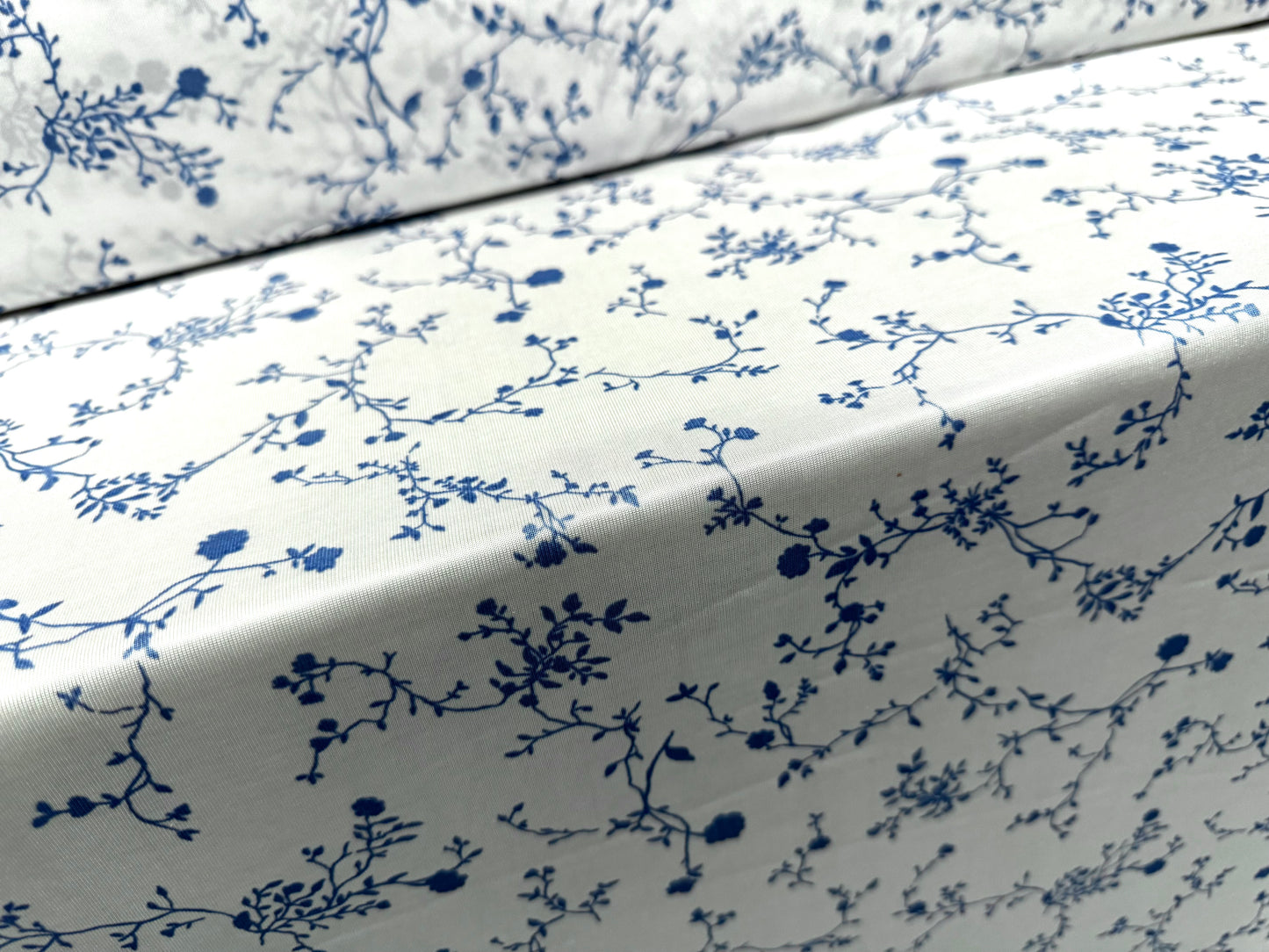 Angelique lightweight sateen jersey fabric, per metre - rambling rose print - white & powder blue