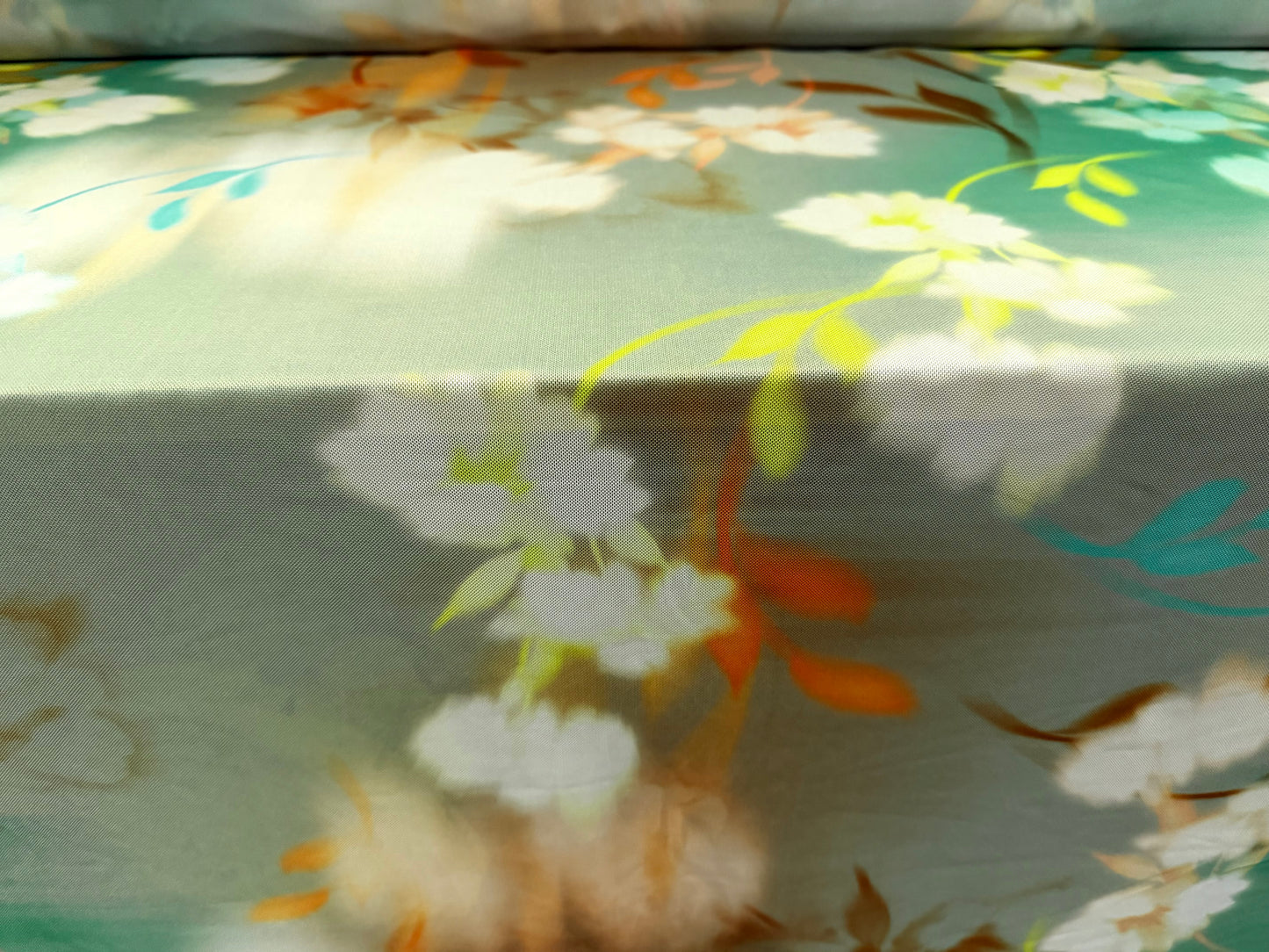 Power mesh net stretch spandex fabric, per metre - floral print - pastel jade