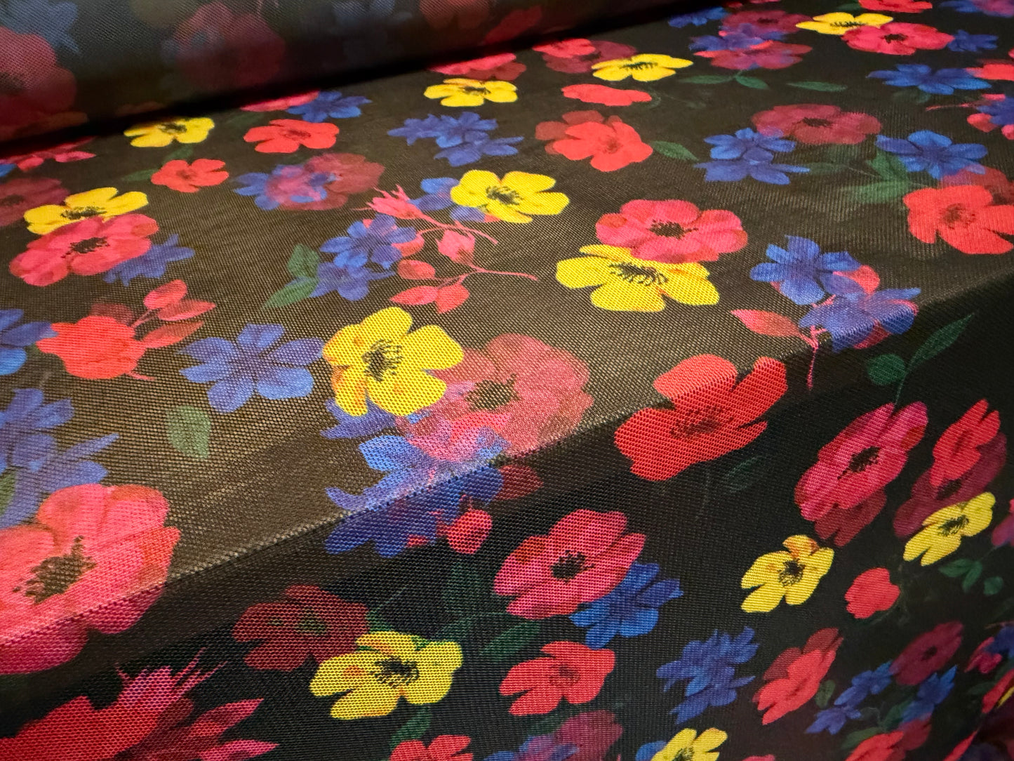 Power mesh net stretch spandex fabric, per metre - multicolour flower print