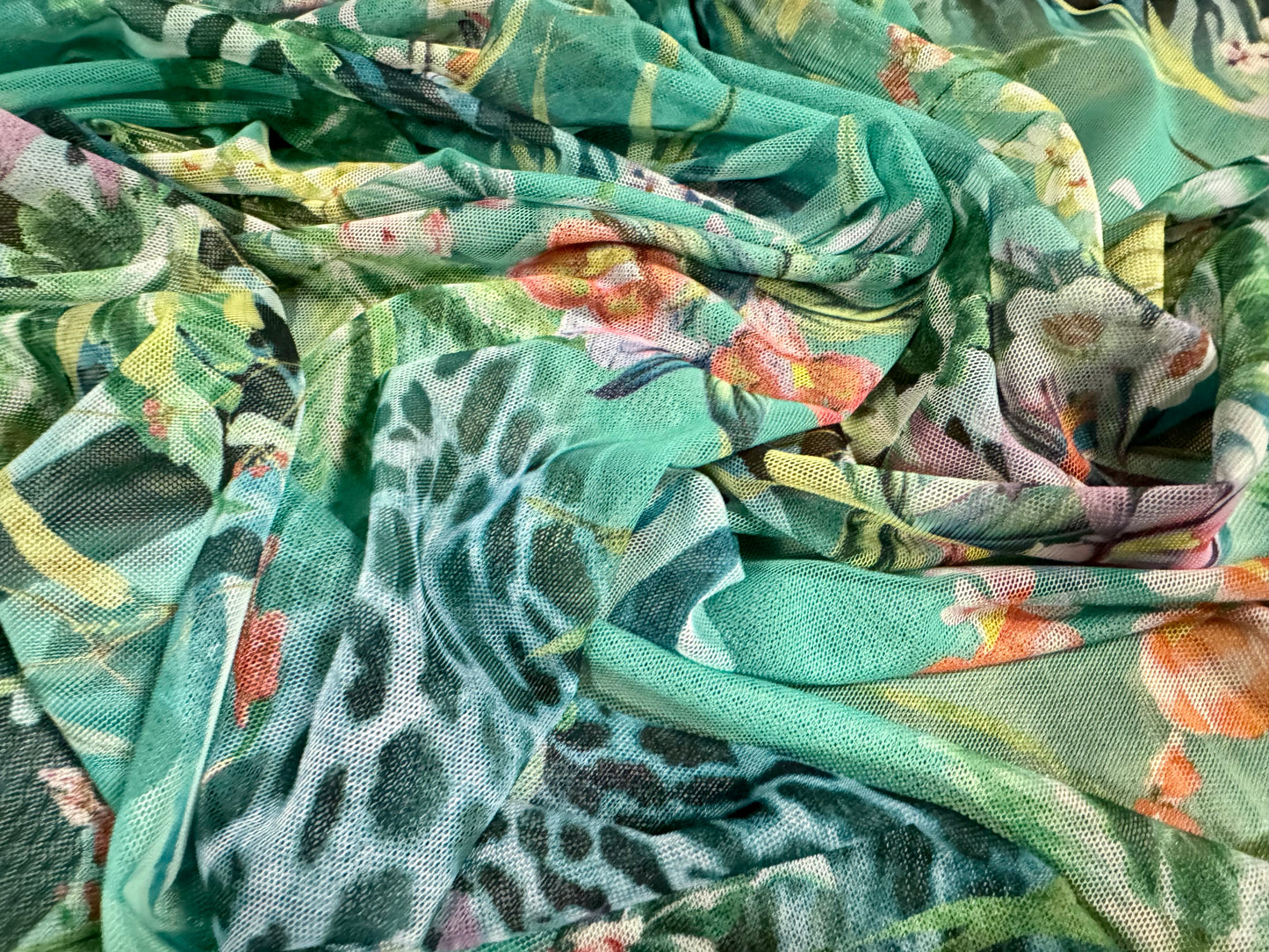 Power mesh net stretch spandex fabric, per metre - jungle flowers & animal print - jade green