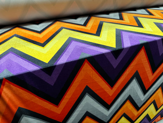 Spandex velvet stretch dress fabric, per mere - jumbo zigzag print - bright purple orange & yellow