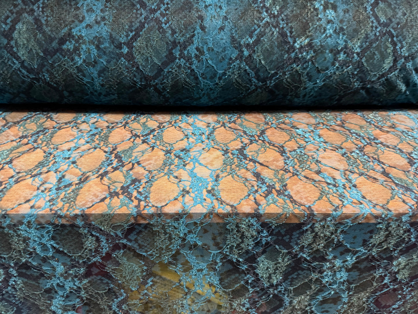 Stretch spandex mesh lace fabric, per metre - snakeskin print - kingfisher blue