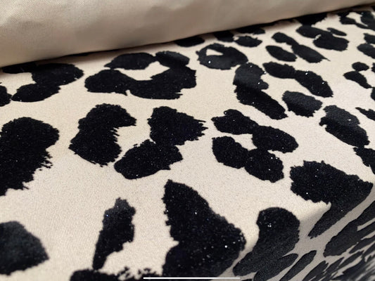 Stretch spandex double jersey fabric, per metre - cheetah animal print with glitter sparkle - stone & black