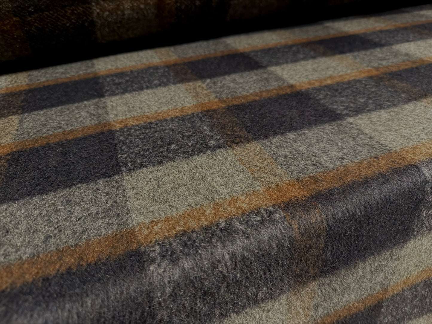 Wool faux fur fabric, per metre - plaid - midnight brown & grey