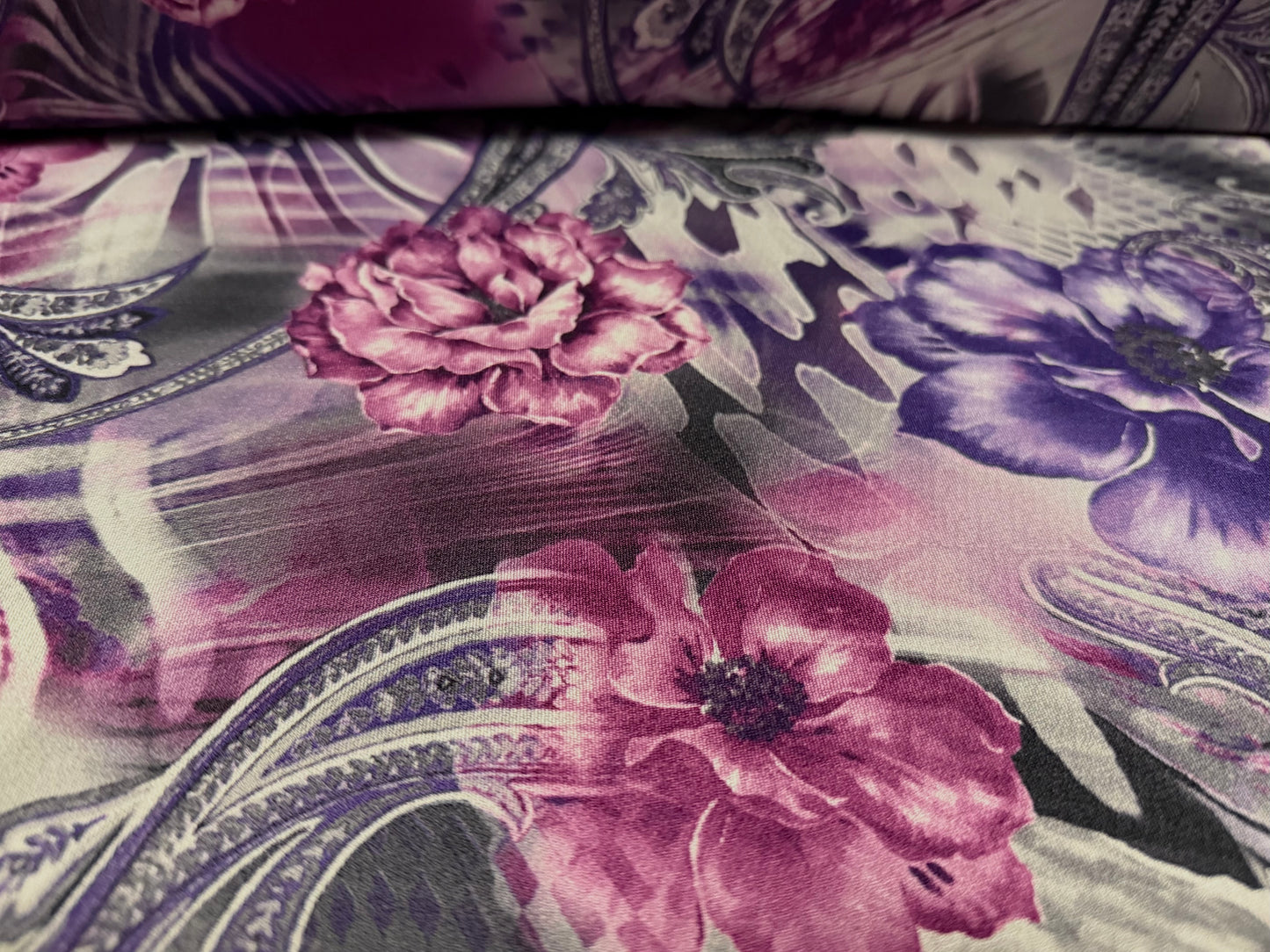 Stretch spandex crepe jersey fabric, per metre - paisley floral print - purple grey & magenta