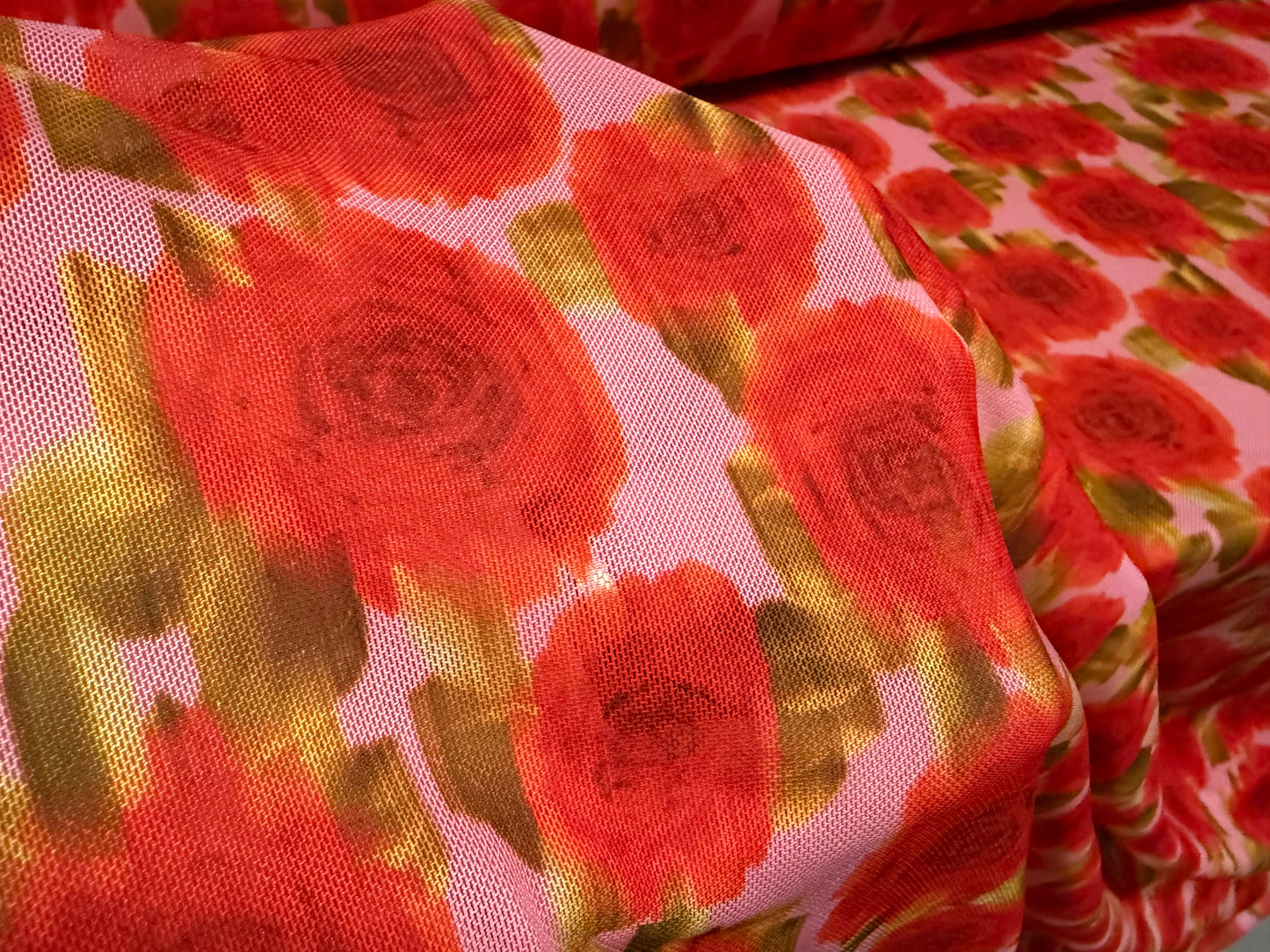 Power mesh net stretch spandex fabric, per metre - rose print - red & pink
