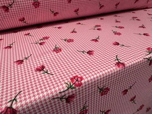 Scuba stretch spandex double jersey dress fabric, per metre - floral puppytooth print - pink