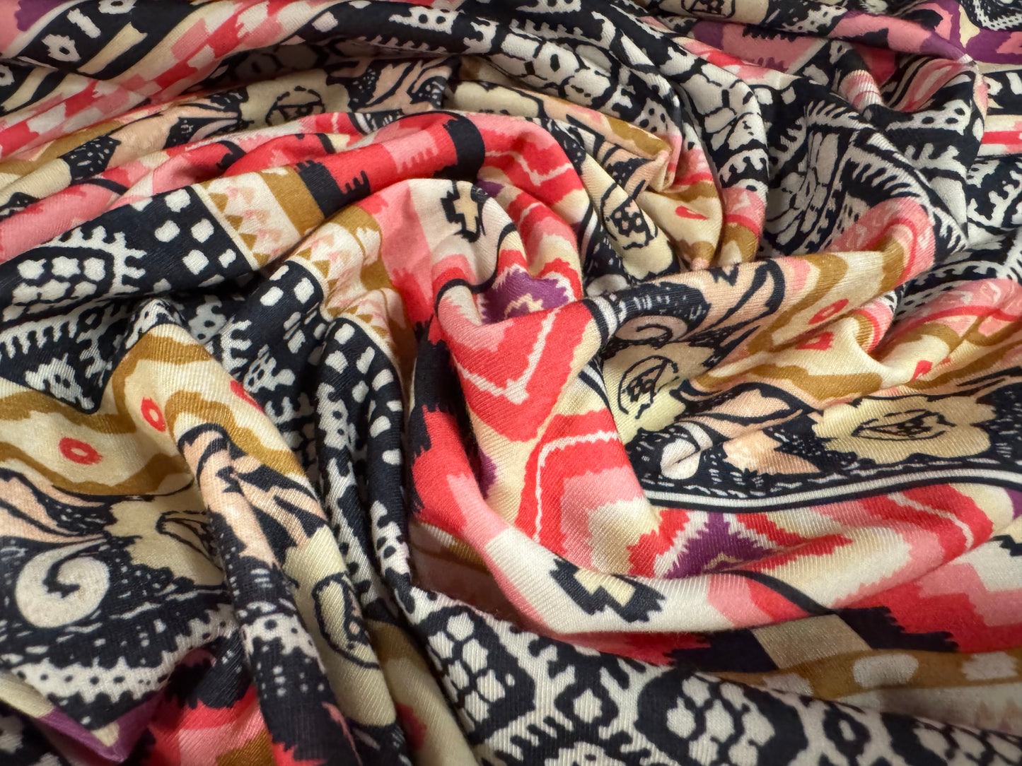 Stretch spandex interlock jersey fabric, per metre - Gaucho stripe print - black cream & pink