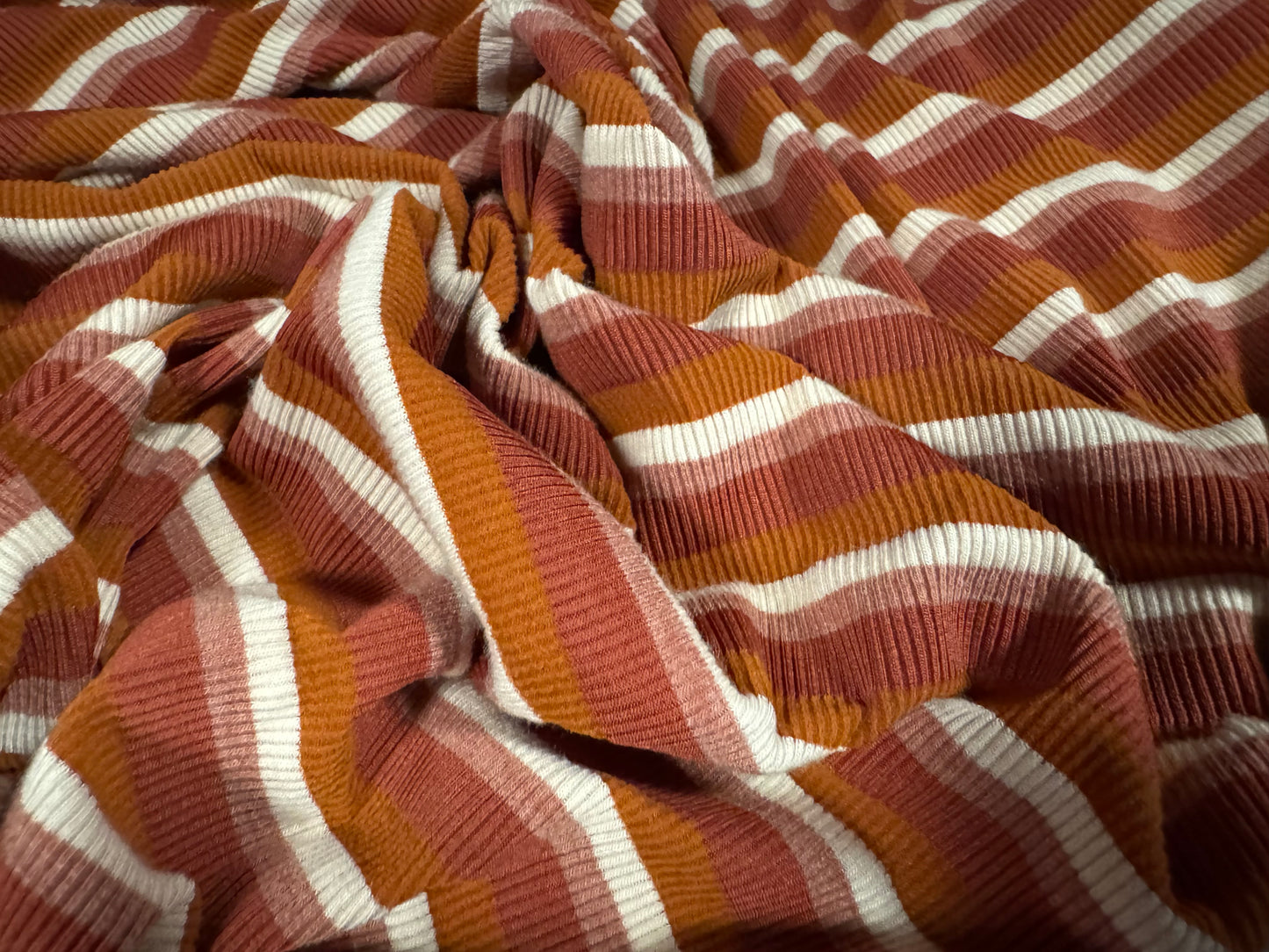 Stretch Spandex rib jersey fabric, per metre - stripe - burnt orange & cream