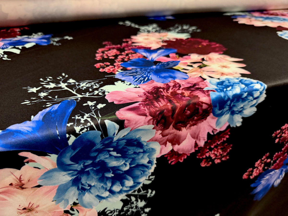Scuba stretch spandex double jersey fabric, per metre - flourish print - black cobalt & pink